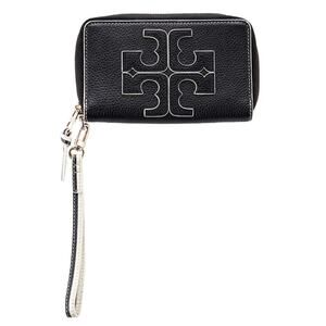 Tory Burch Black Pebbled Leather Wristlet with White Accent